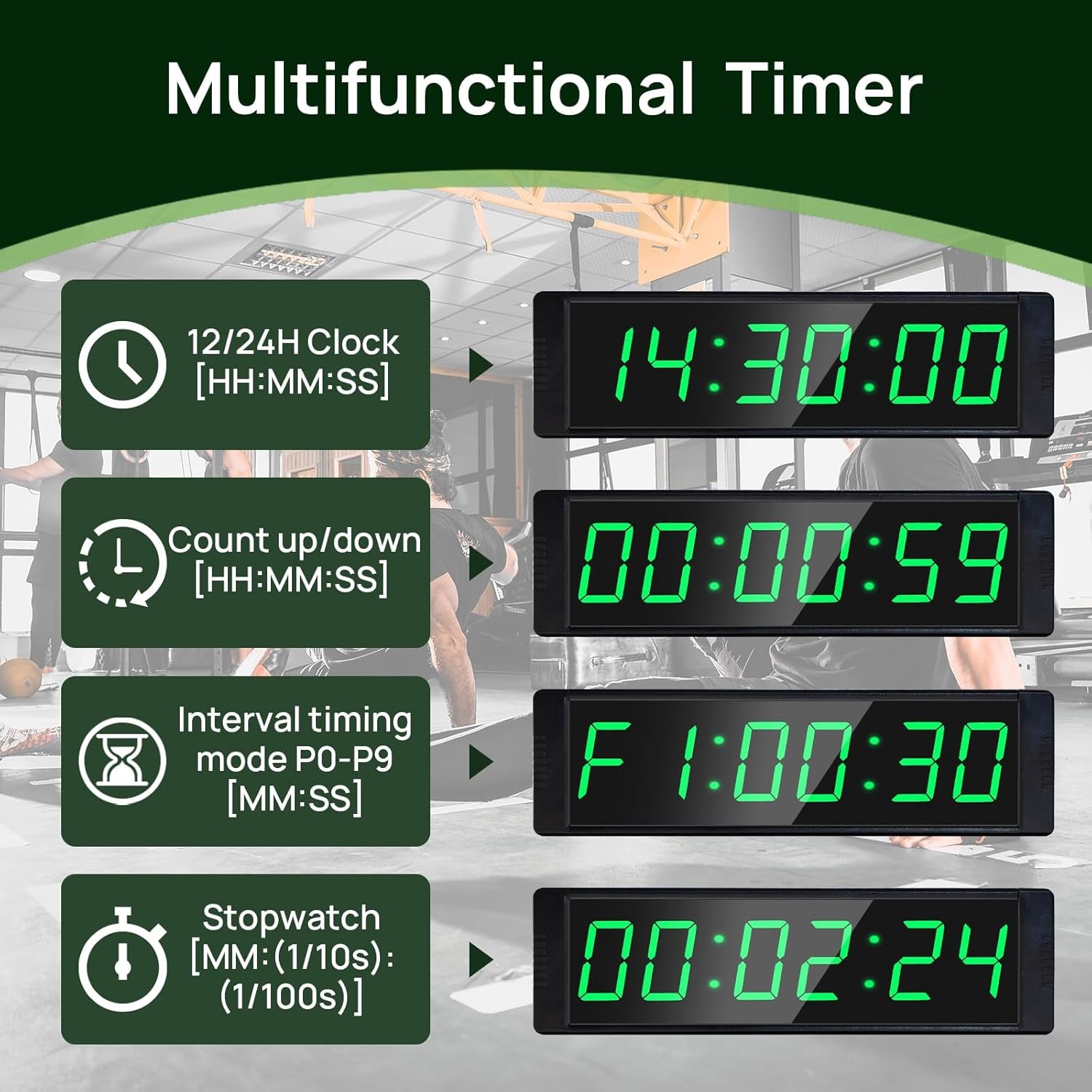 Gym Timer Clock, Green, Interval Timer for Workout, Portable Home Gym Accessory