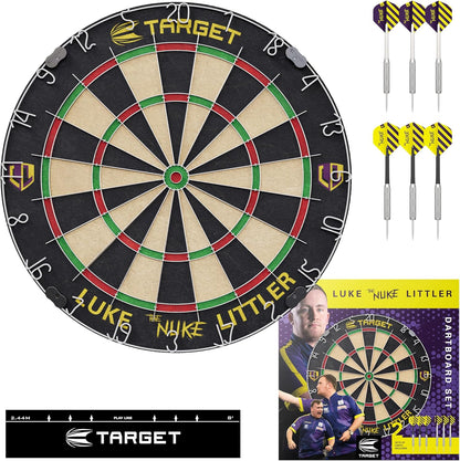 Luke Littler Dartboard Set | Player Edition ‘The Nuke’ Dart Board Set with 2 Sets of Steel Tip Darts, Competition Standard Throw Line | Professional Dart Setup & Accessories